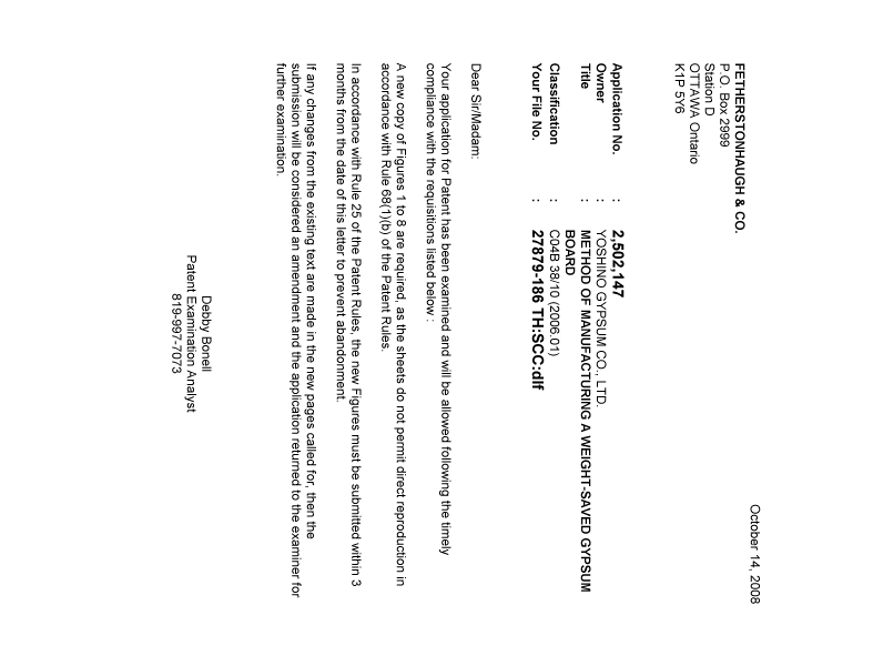 Document de brevet canadien 2502147. Correspondance 20081014. Image 1 de 1