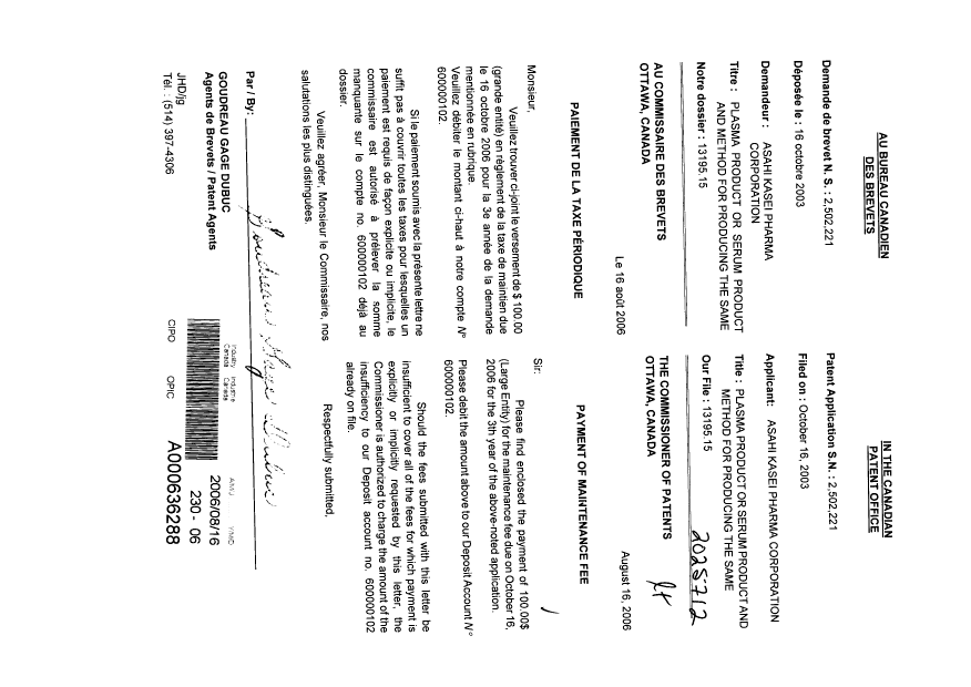 Document de brevet canadien 2502221. Taxes 20060816. Image 1 de 1
