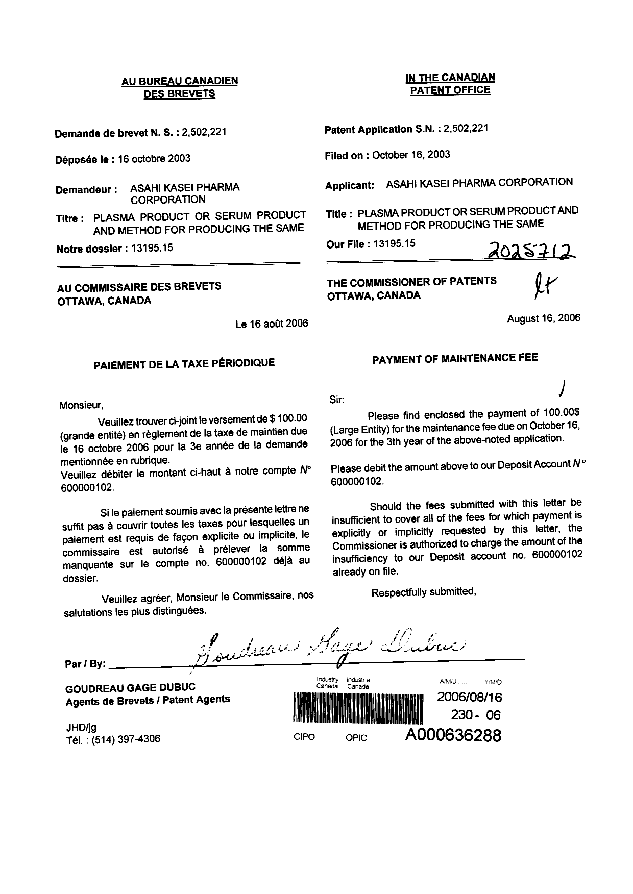 Document de brevet canadien 2502221. Taxes 20060816. Image 1 de 1