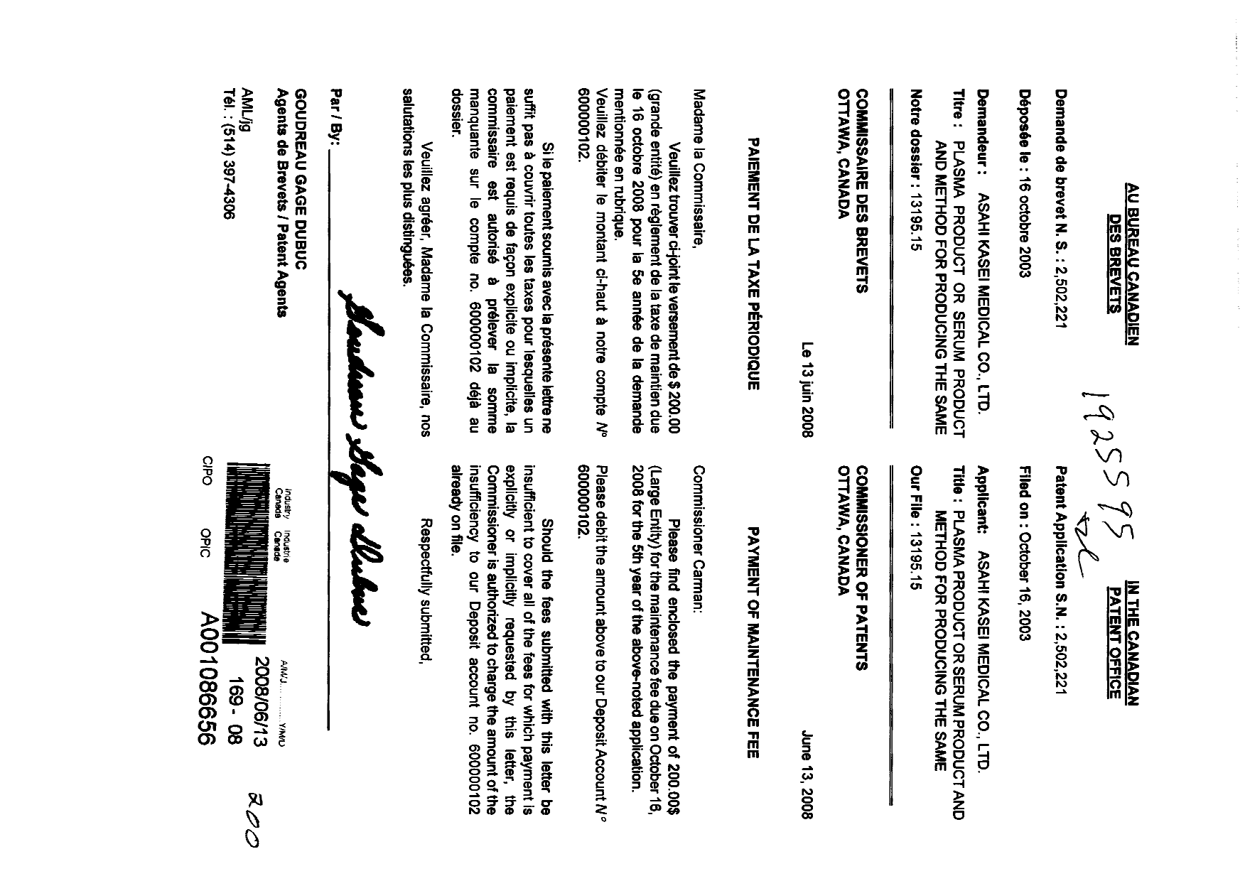 Canadian Patent Document 2502221. Fees 20080613. Image 1 of 1