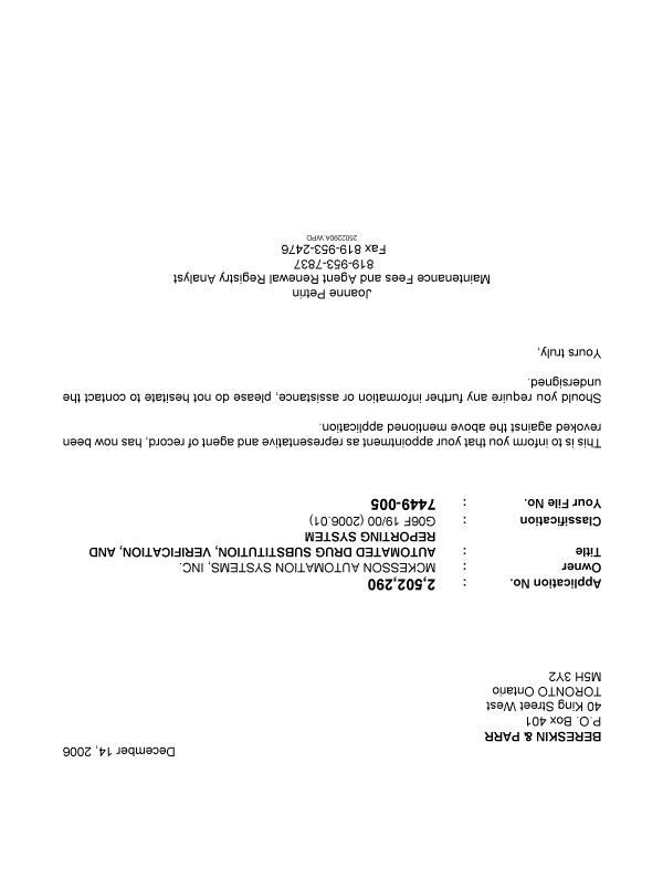 Canadian Patent Document 2502290. Correspondence 20061214. Image 1 of 1