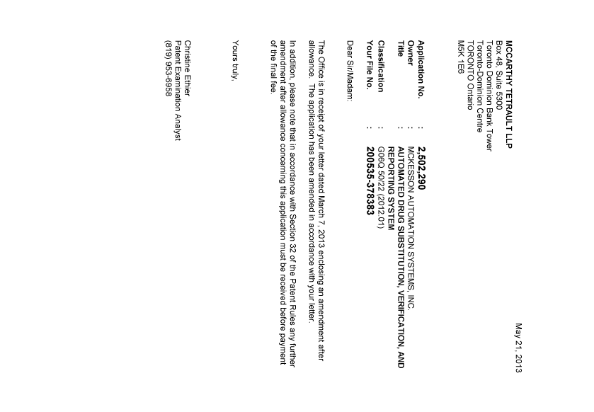 Document de brevet canadien 2502290. Correspondance 20130521. Image 1 de 1