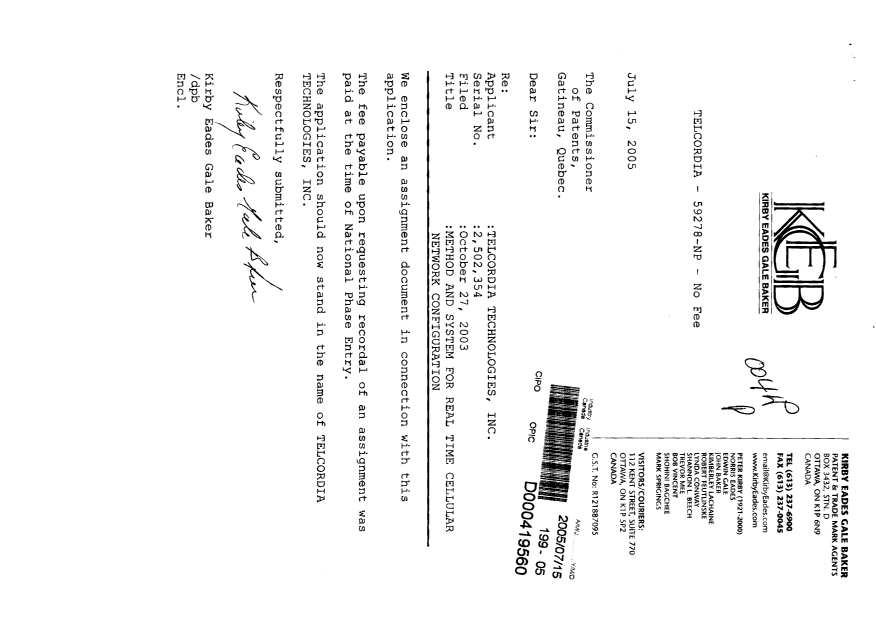 Document de brevet canadien 2502354. Cession 20050715. Image 1 de 5