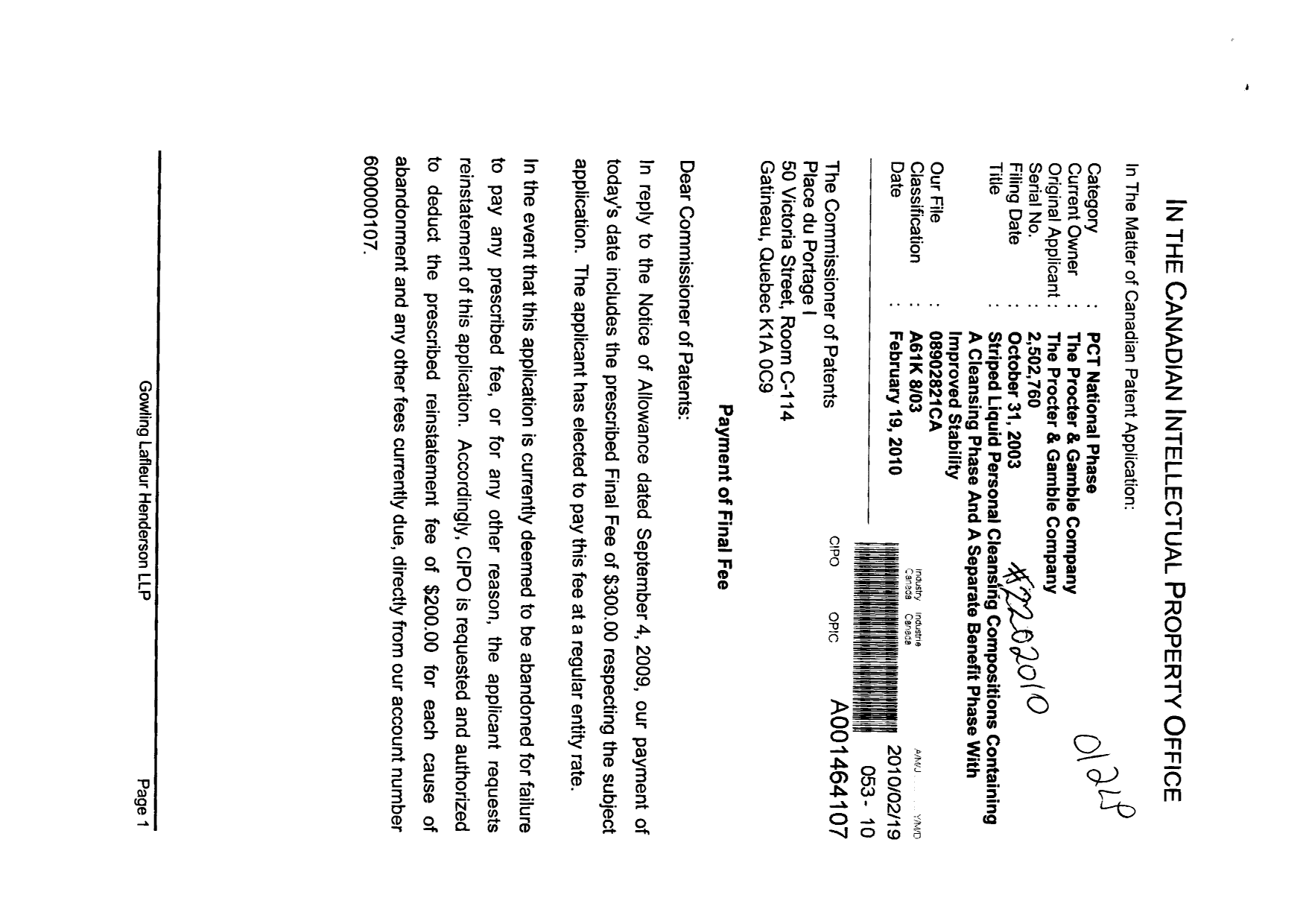 Canadian Patent Document 2502760. Correspondence 20100219. Image 1 of 2