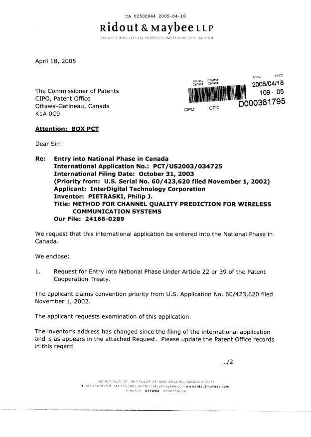 Document de brevet canadien 2502844. Cession 20050418. Image 1 de 4