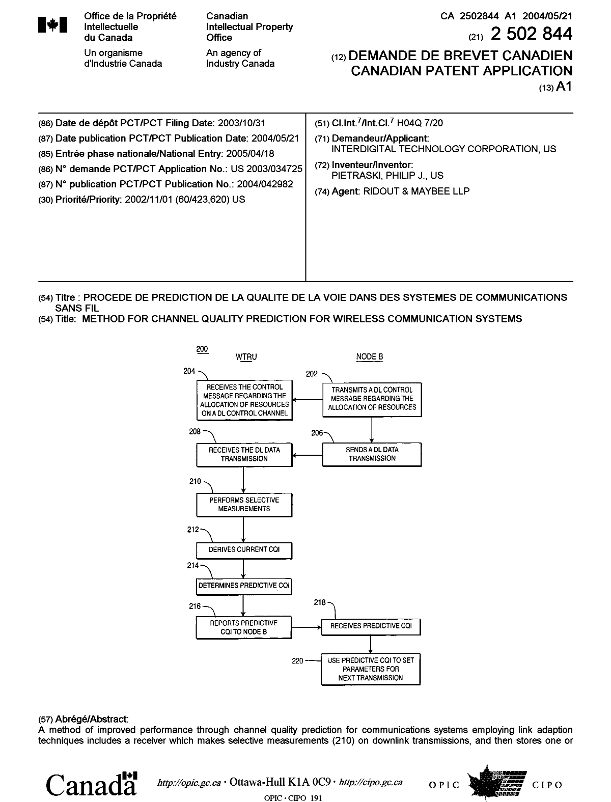 Document de brevet canadien 2502844. Page couverture 20050714. Image 1 de 2