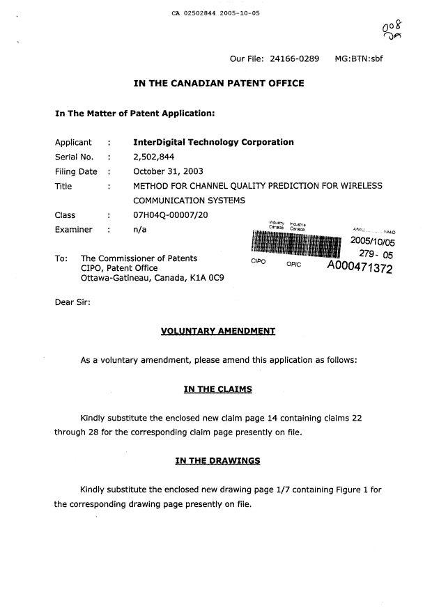 Canadian Patent Document 2502844. Prosecution-Amendment 20051005. Image 1 of 5