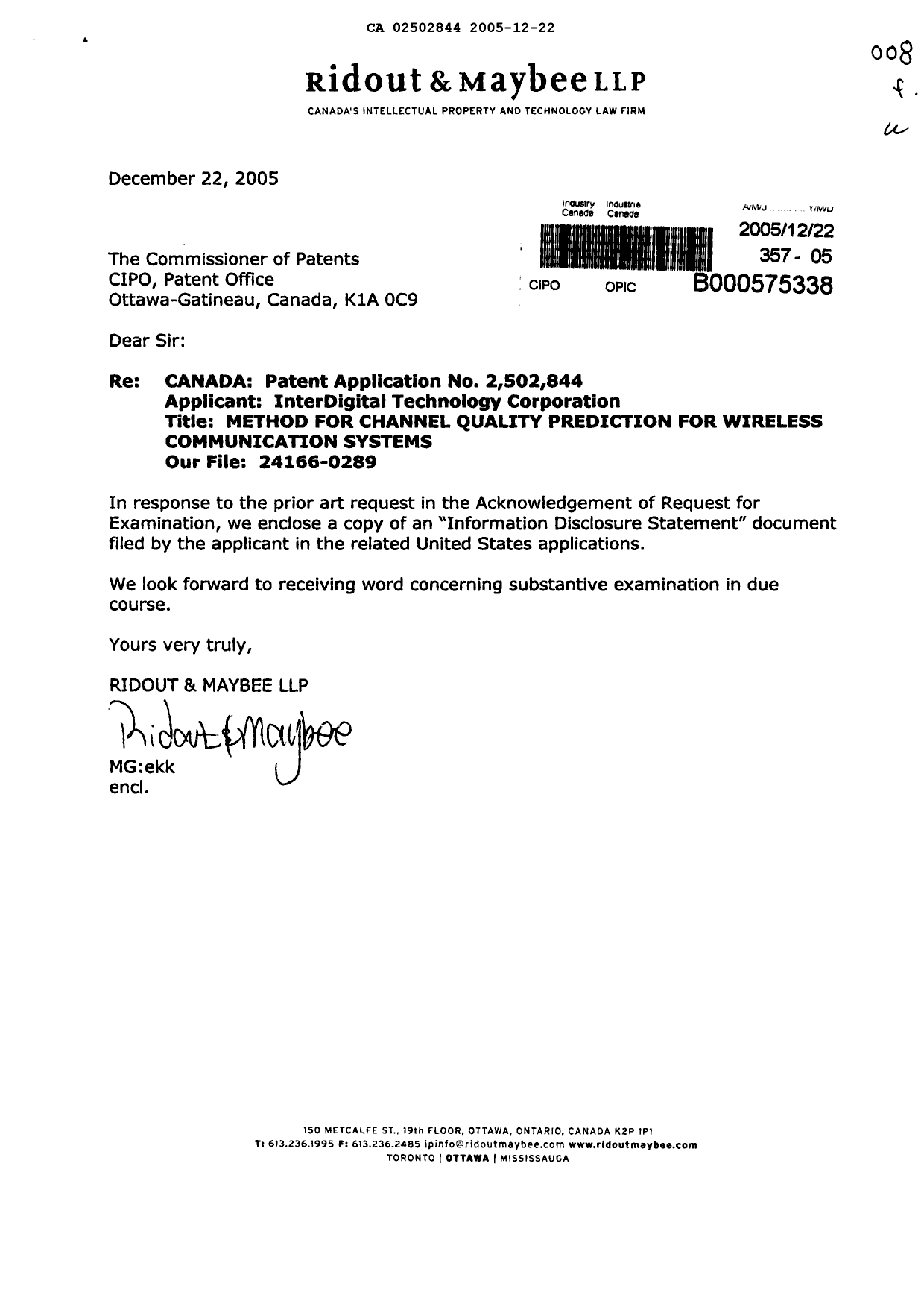 Document de brevet canadien 2502844. Poursuite-Amendment 20051222. Image 1 de 1