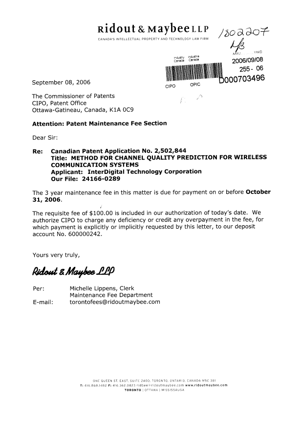 Canadian Patent Document 2502844. Fees 20060908. Image 1 of 1
