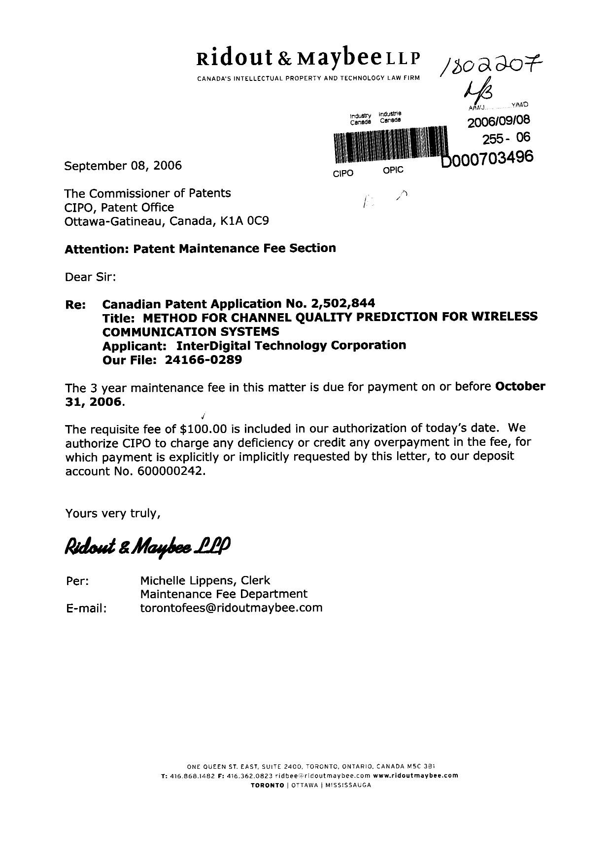 Document de brevet canadien 2502844. Taxes 20060908. Image 1 de 1