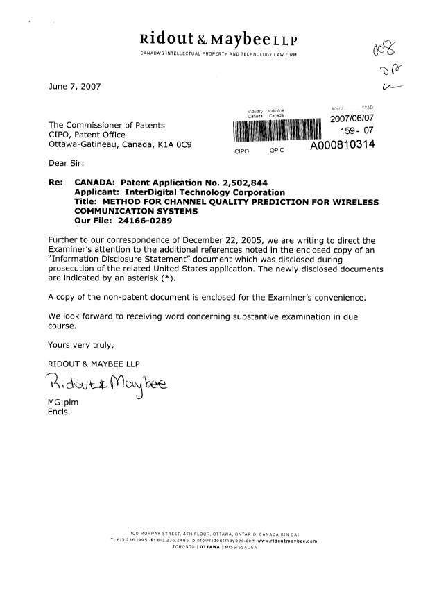 Document de brevet canadien 2502844. Poursuite-Amendment 20070607. Image 1 de 1