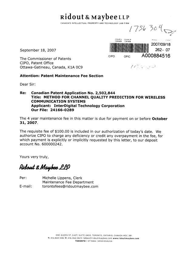 Document de brevet canadien 2502844. Taxes 20070918. Image 1 de 1