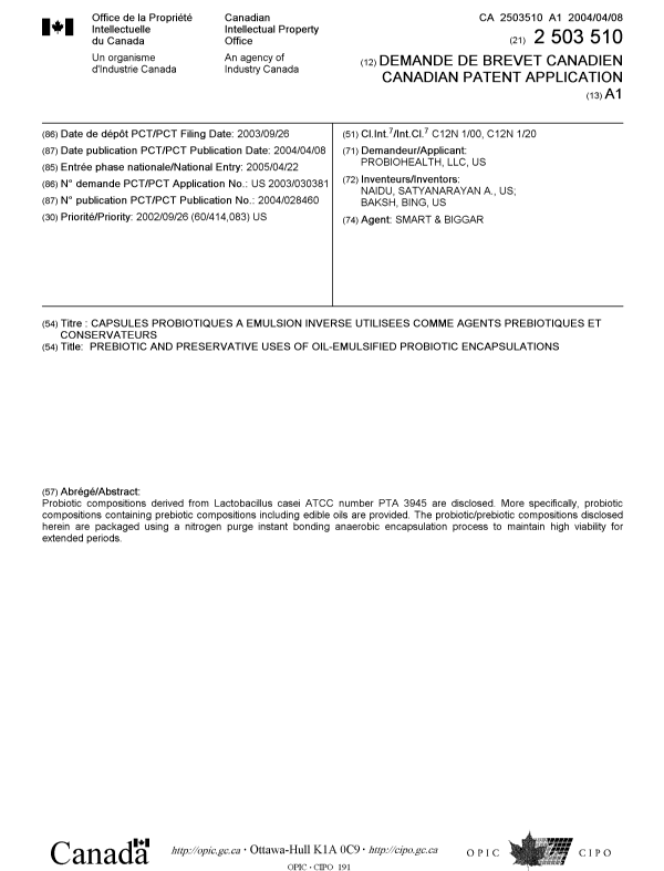 Document de brevet canadien 2503510. Page couverture 20050809. Image 1 de 1