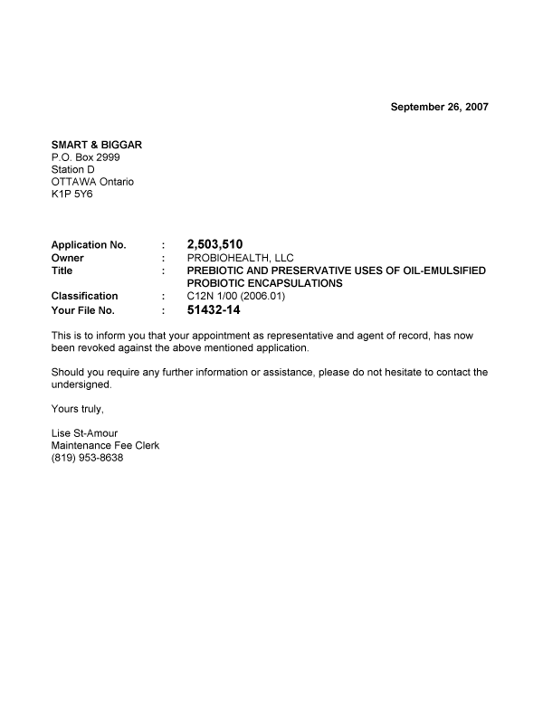 Document de brevet canadien 2503510. Correspondance 20070926. Image 1 de 1