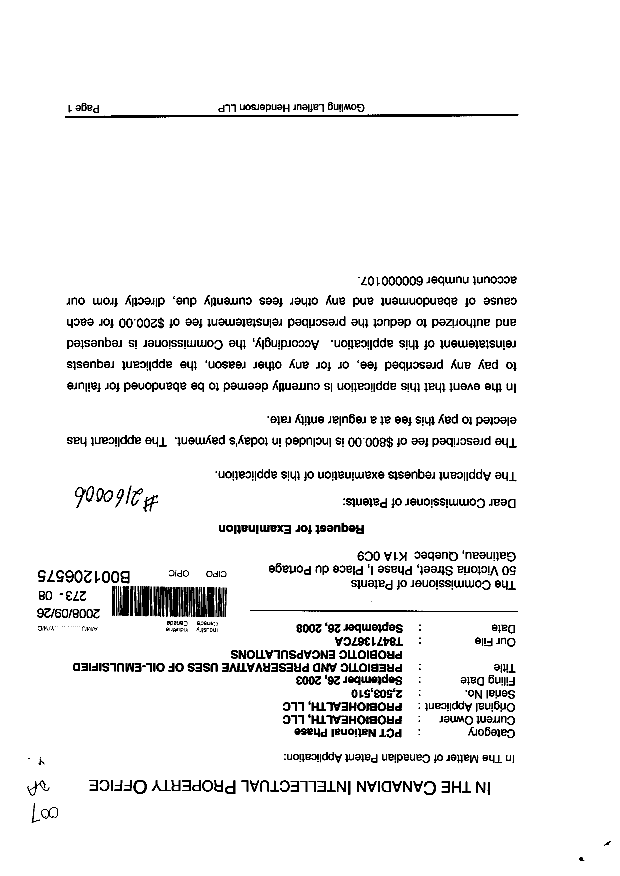 Canadian Patent Document 2503510. Prosecution-Amendment 20071226. Image 1 of 2