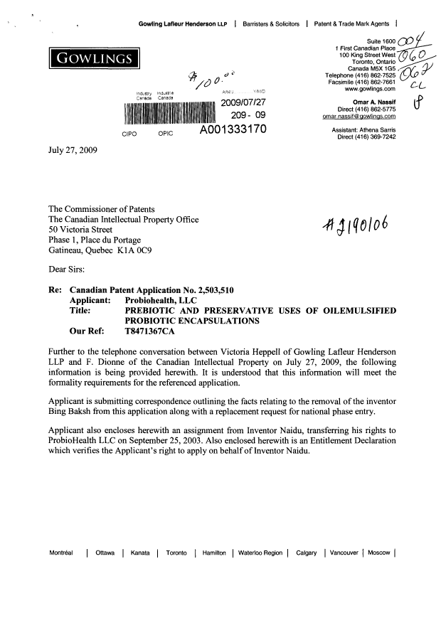 Document de brevet canadien 2503510. Correspondance 20090727. Image 1 de 8