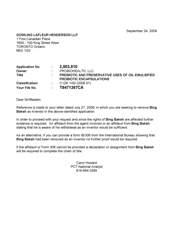 Document de brevet canadien 2503510. Correspondance 20090924. Image 1 de 1