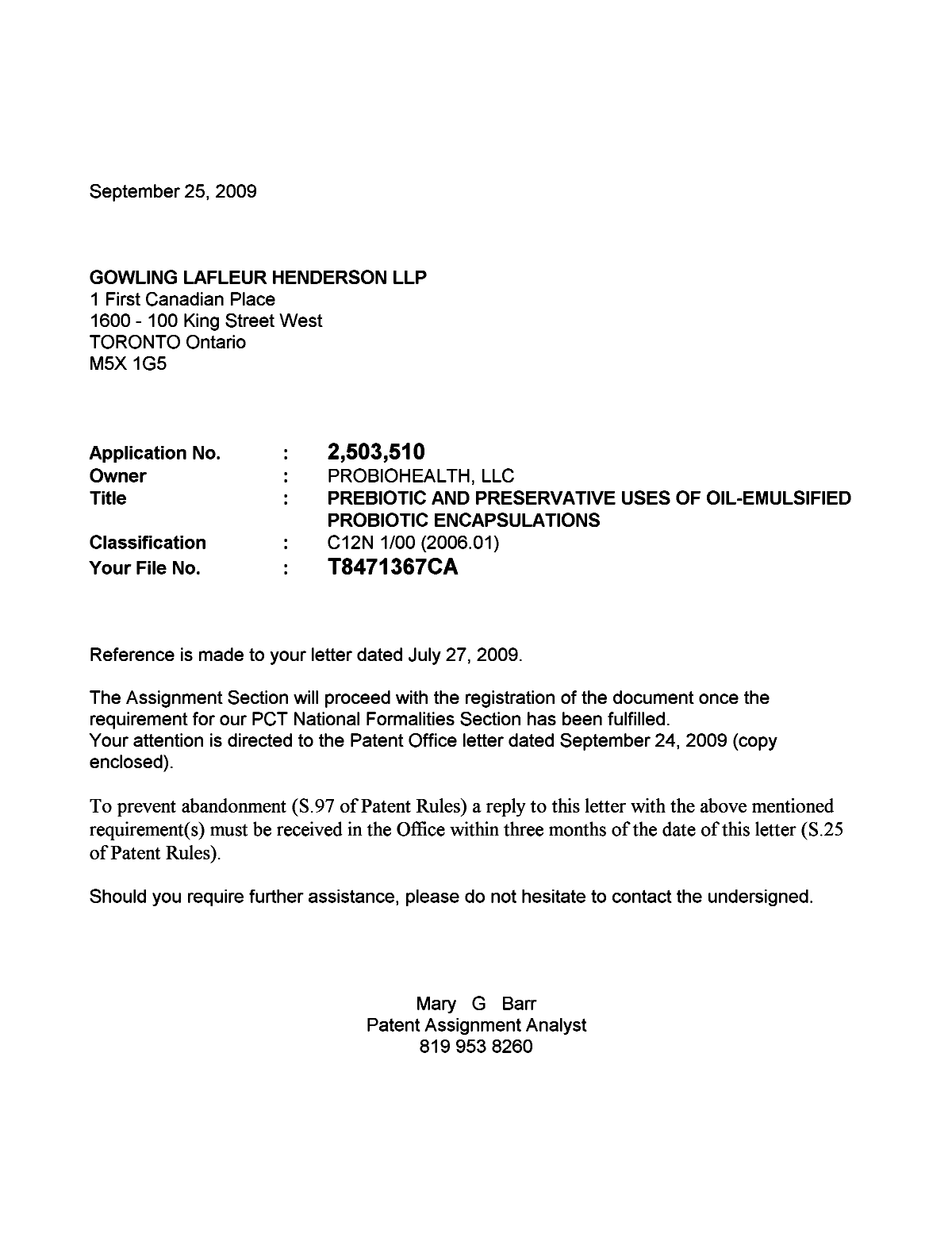 Document de brevet canadien 2503510. Correspondance 20090925. Image 1 de 1