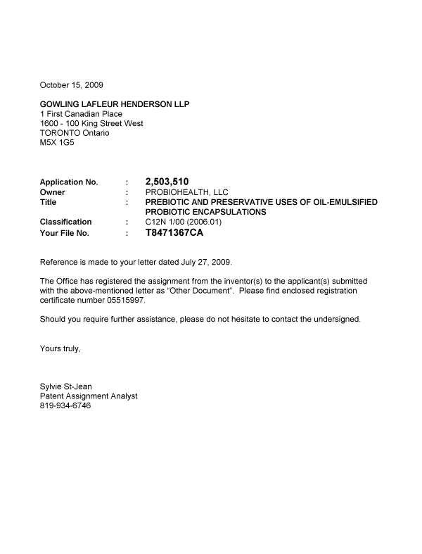 Document de brevet canadien 2503510. Correspondance 20091015. Image 1 de 1