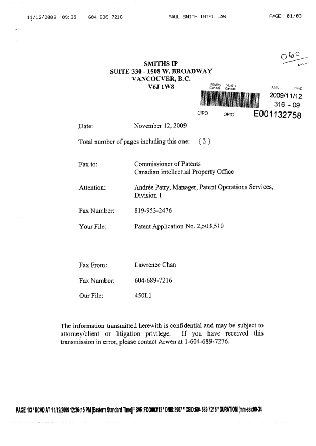 Document de brevet canadien 2503510. Correspondance 20091112. Image 1 de 3
