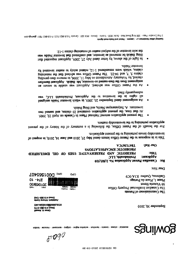 Document de brevet canadien 2503510. Correspondance 20100930. Image 1 de 7