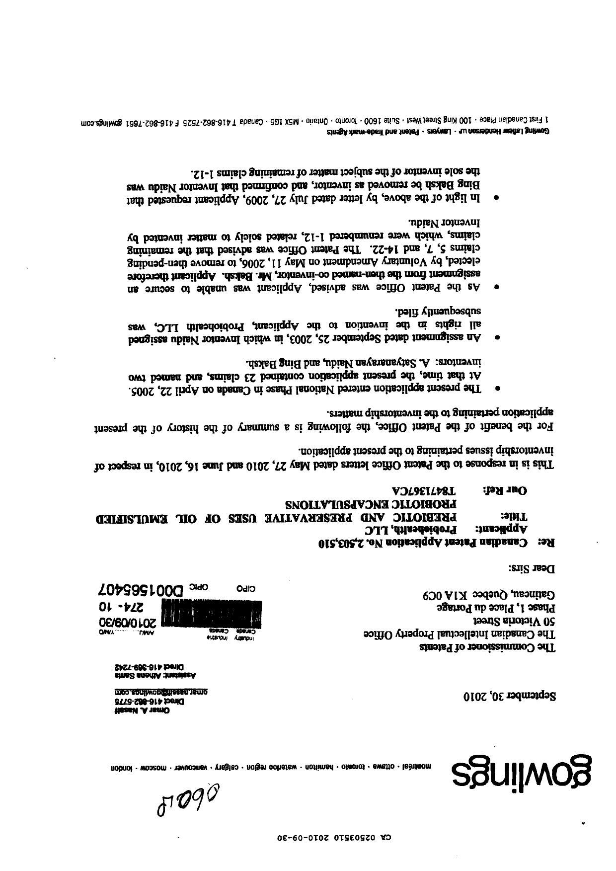 Canadian Patent Document 2503510. Correspondence 20100930. Image 1 of 7