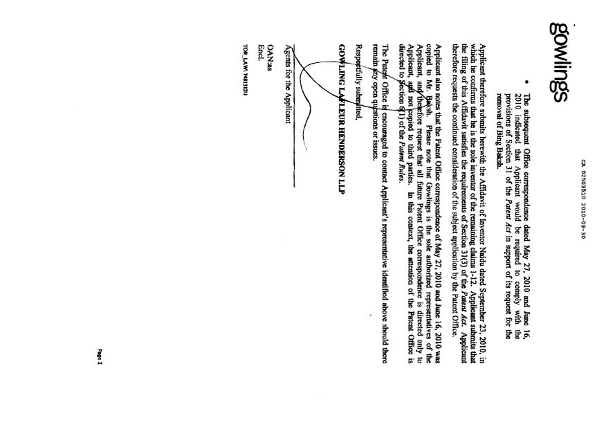 Document de brevet canadien 2503510. Correspondance 20100930. Image 2 de 7