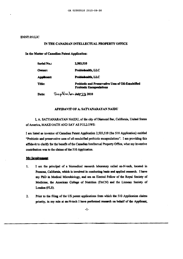 Document de brevet canadien 2503510. Correspondance 20100930. Image 3 de 7