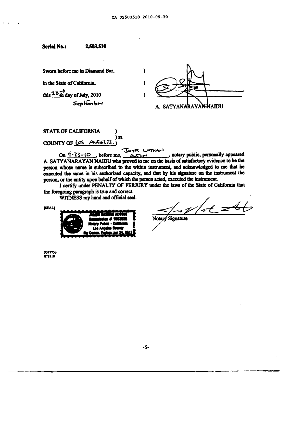 Document de brevet canadien 2503510. Correspondance 20100930. Image 7 de 7