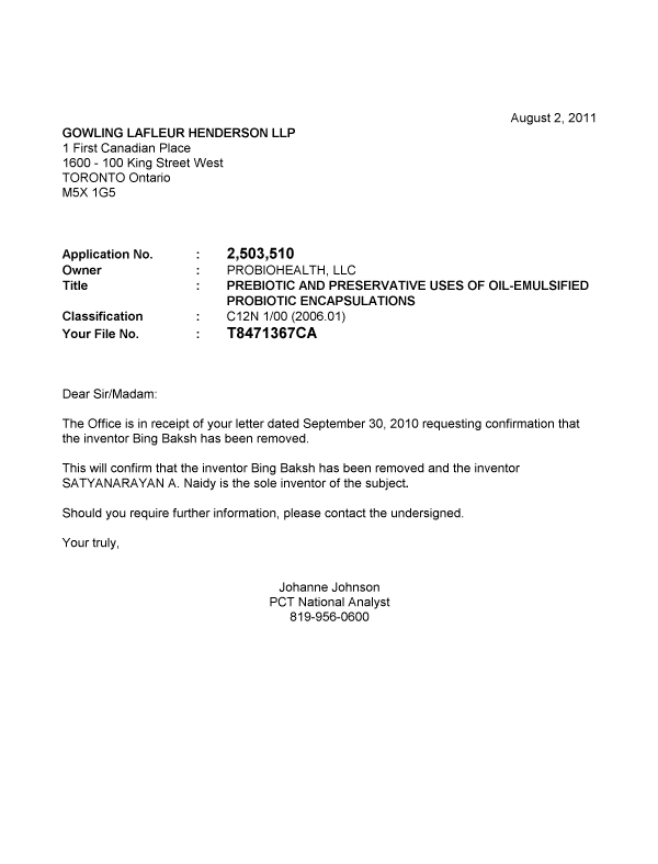 Document de brevet canadien 2503510. Correspondance 20110802. Image 1 de 1