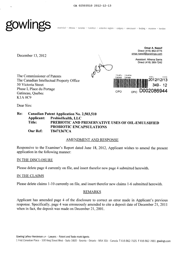Document de brevet canadien 2503510. Poursuite-Amendment 20121213. Image 1 de 7
