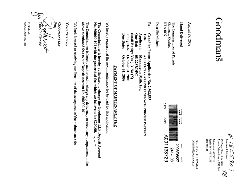 Document de brevet canadien 2503553. Taxes 20080827. Image 1 de 1