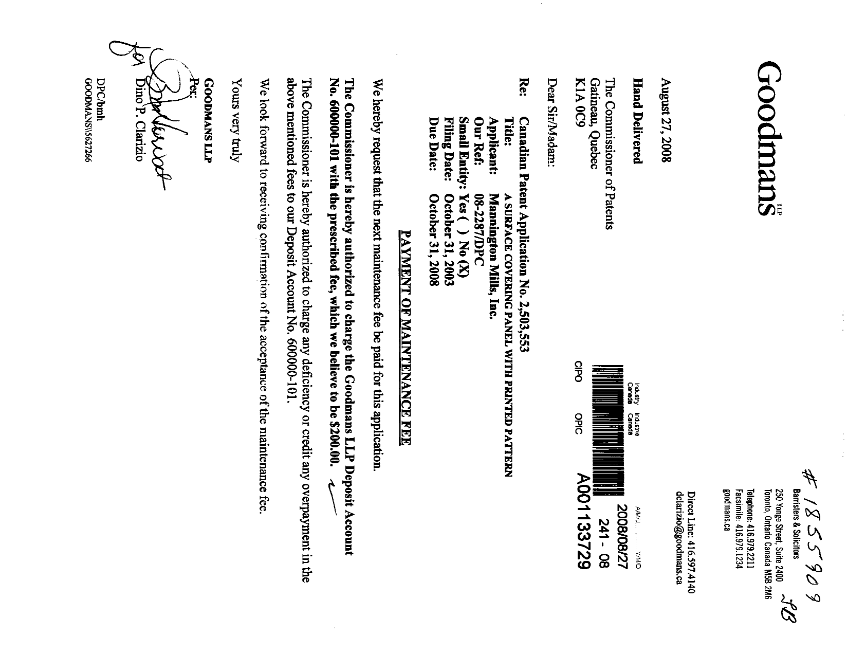 Canadian Patent Document 2503553. Fees 20080827. Image 1 of 1