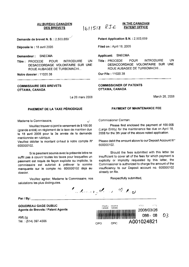 Document de brevet canadien 2503659. Taxes 20080326. Image 1 de 1
