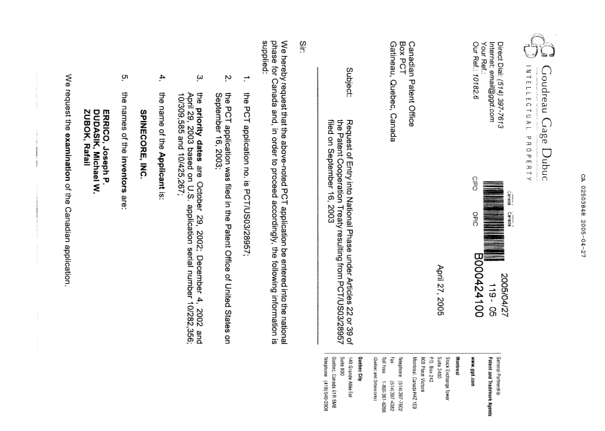 Document de brevet canadien 2503848. Poursuite-Amendment 20050427. Image 1 de 29