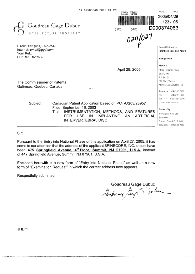Document de brevet canadien 2503848. Correspondance 20050429. Image 1 de 4