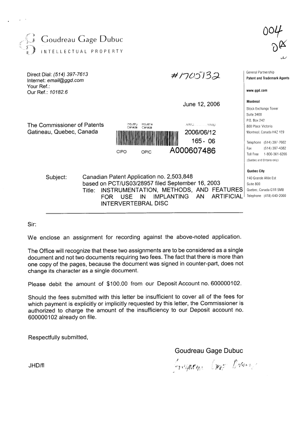 Document de brevet canadien 2503848. Cession 20060612. Image 1 de 3