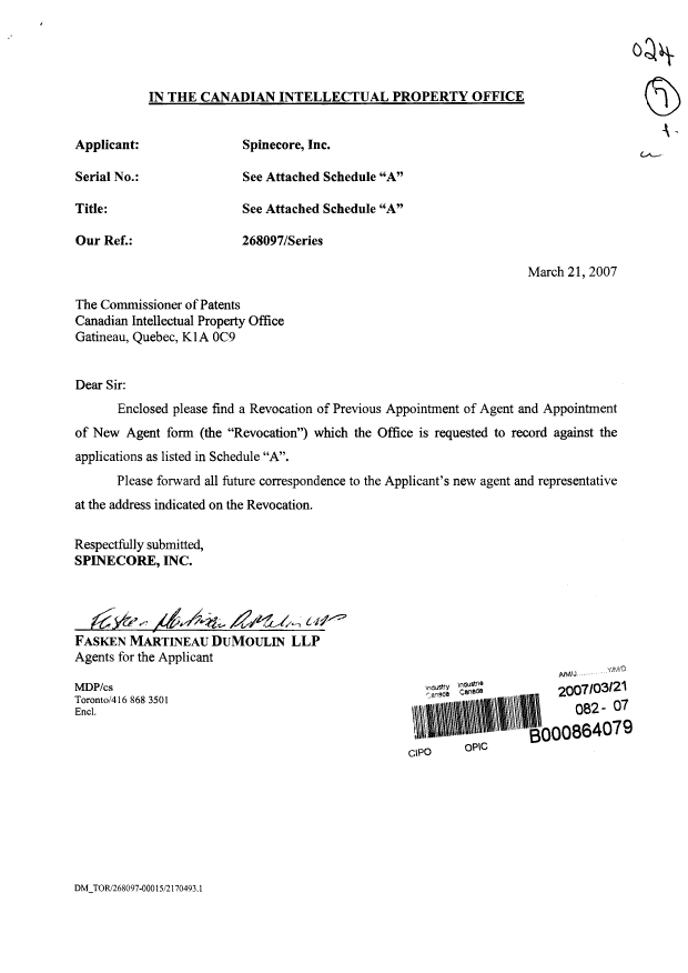 Document de brevet canadien 2503848. Correspondance 20070321. Image 1 de 3
