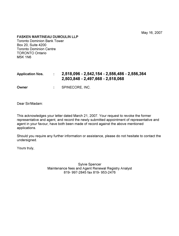 Document de brevet canadien 2503848. Correspondance 20070516. Image 1 de 1