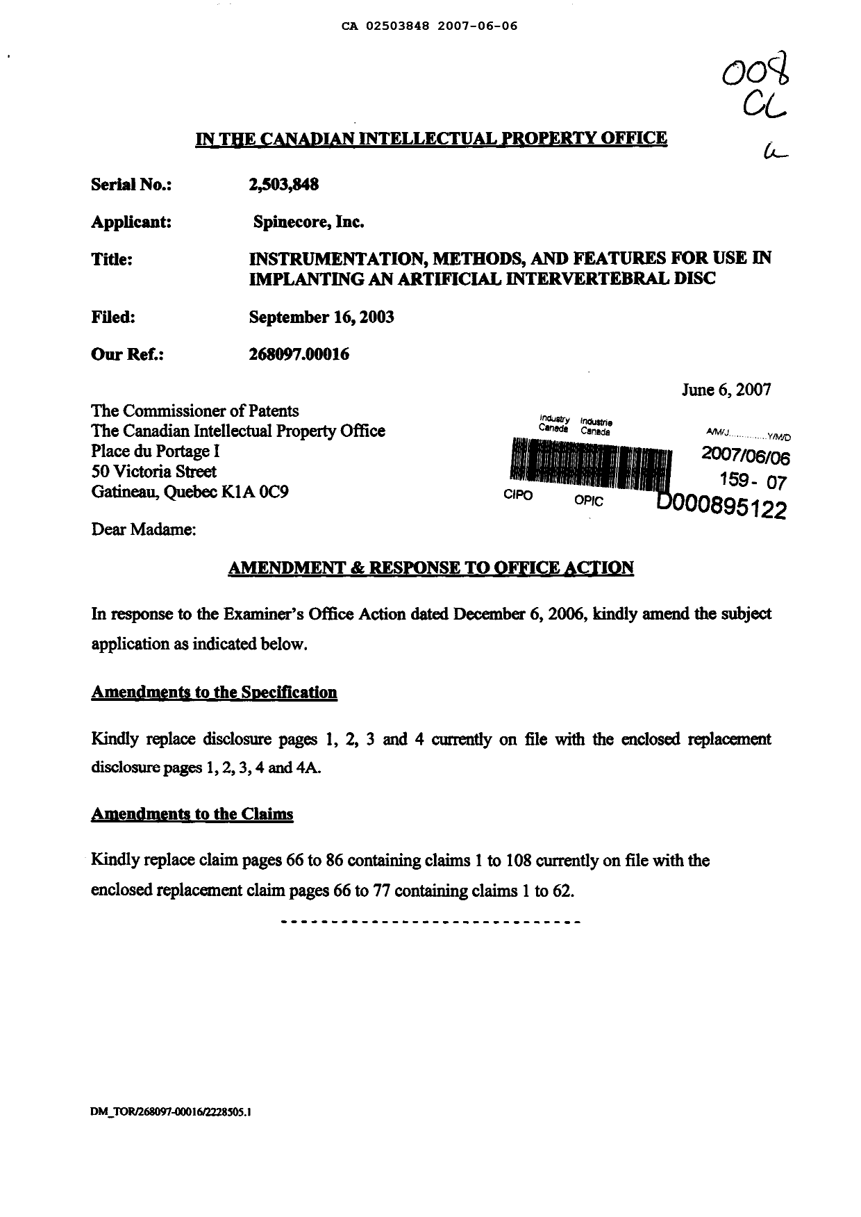 Document de brevet canadien 2503848. Poursuite-Amendment 20070606. Image 1 de 20