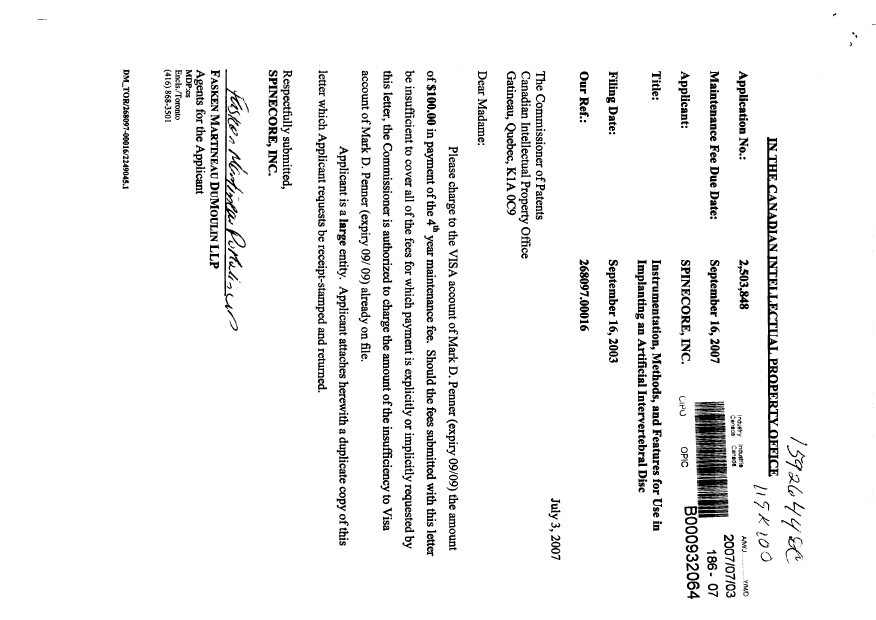 Document de brevet canadien 2503848. Taxes 20070703. Image 1 de 1