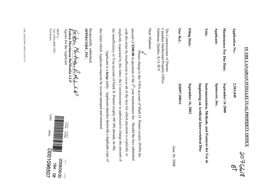 Document de brevet canadien 2503848. Taxes 20080630. Image 1 de 1