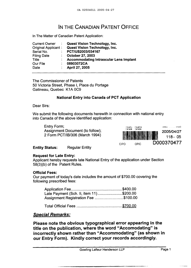 Document de brevet canadien 2504011. Cession 20050427. Image 1 de 4