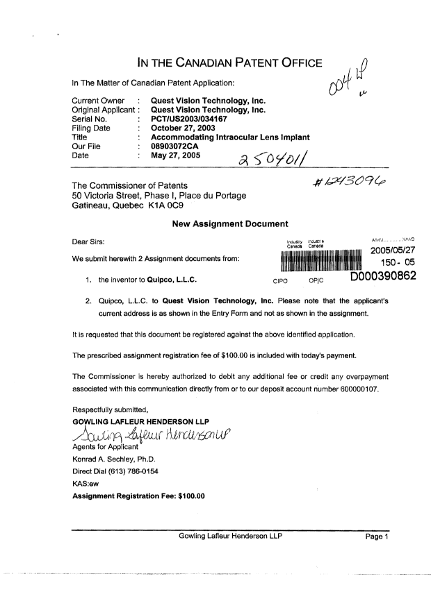 Document de brevet canadien 2504011. Cession 20050527. Image 1 de 17