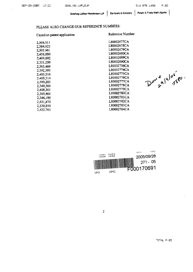 Document de brevet canadien 2504011. Correspondance 20050928. Image 2 de 3