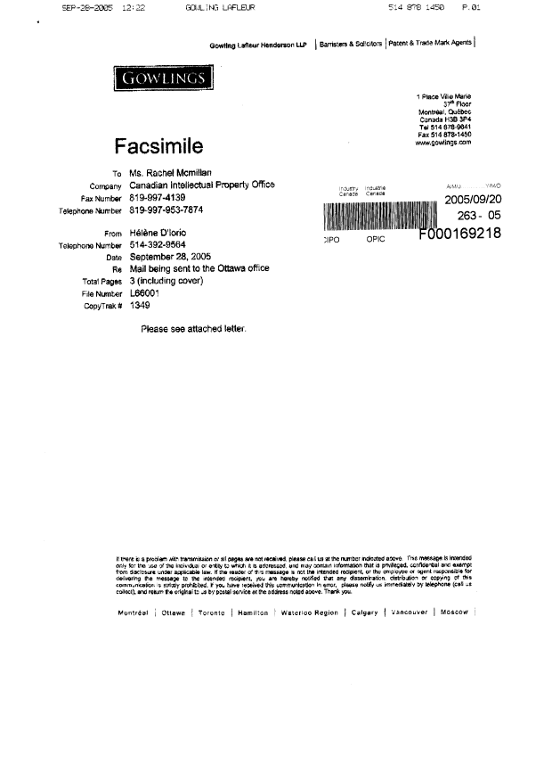 Document de brevet canadien 2504011. Correspondance 20050928. Image 3 de 3
