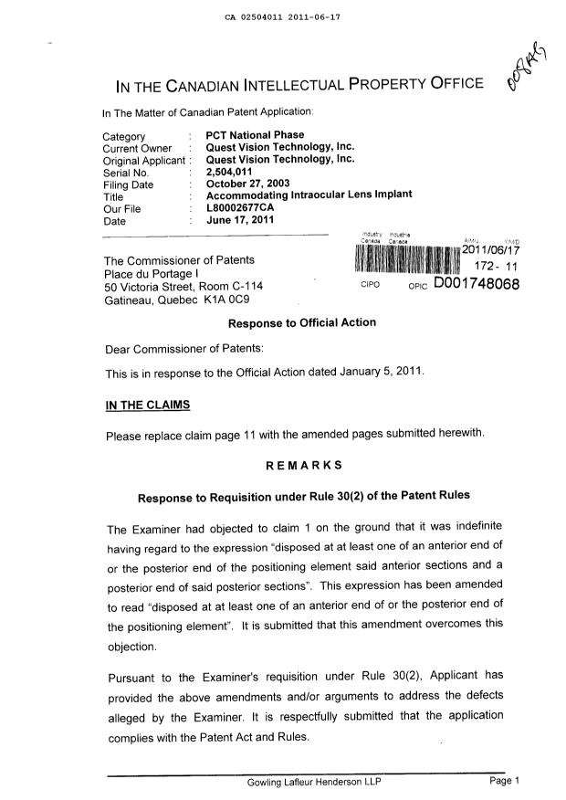 Document de brevet canadien 2504011. Poursuite-Amendment 20110617. Image 1 de 3