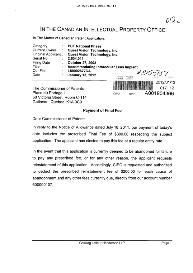 Document de brevet canadien 2504011. Correspondance 20120113. Image 1 de 2
