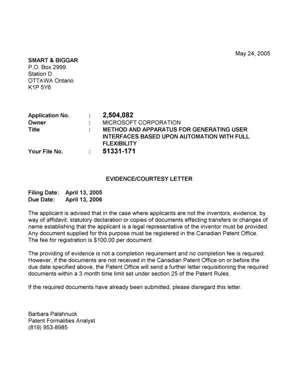 Document de brevet canadien 2504082. Correspondance 20041218. Image 1 de 1