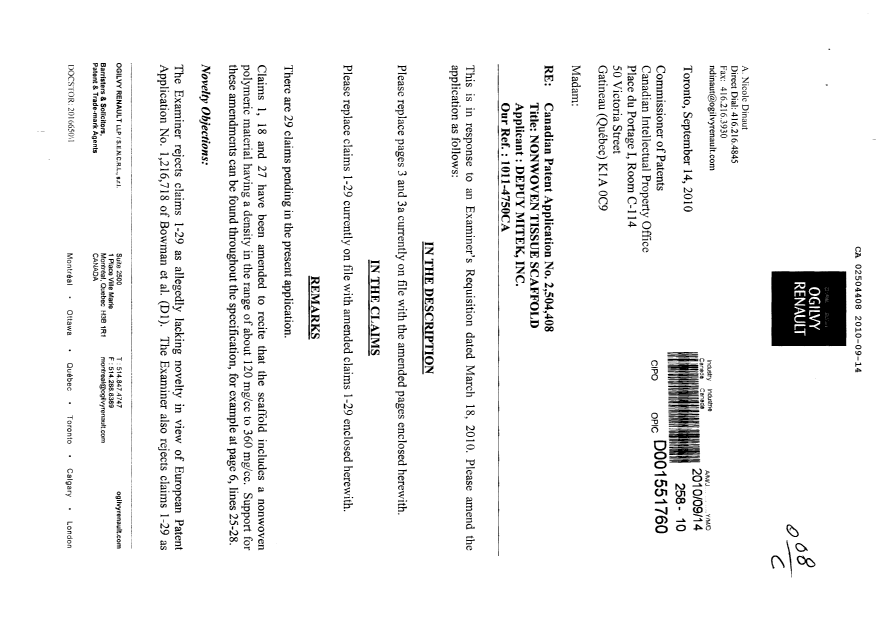 Document de brevet canadien 2504408. Poursuite-Amendment 20100914. Image 1 de 11
